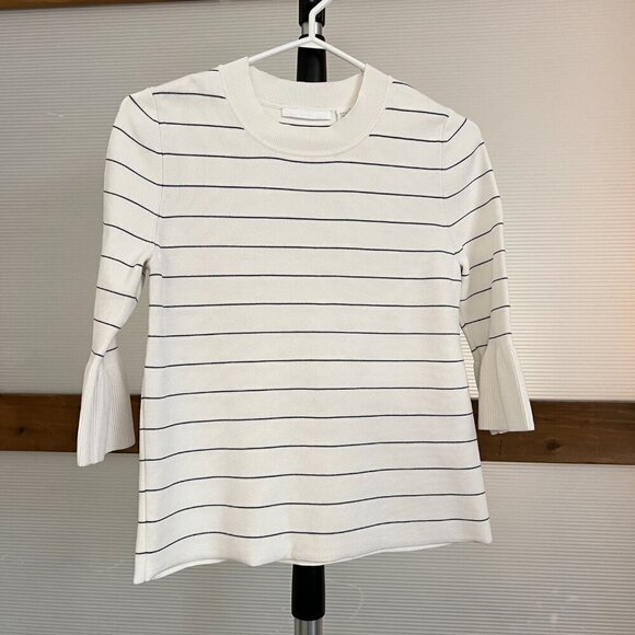 Boss Hugo Boss Fenella White Black Stripe Knit Pullover‎ 3/4 Bell Sleeves Sz M - Picture 2 of 16